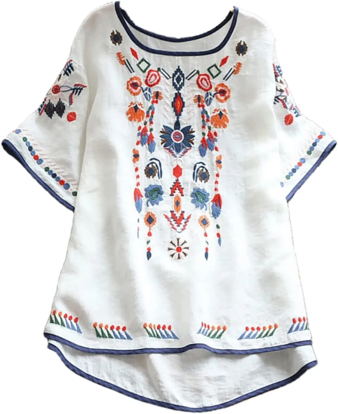 TANGNADE Womens Boho Mexican Embroidered Tops Short Sleeve Peasant Shirts Casual Loose Blouse Summer Bohemian Clothes