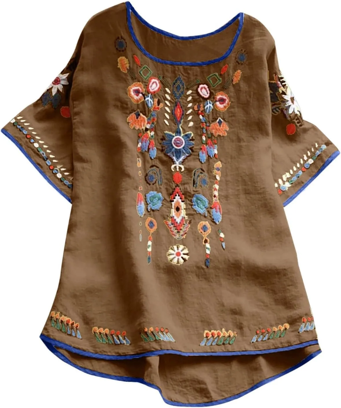 TANGNADE Womens Boho Mexican Embroidered Tops Short Sleeve Peasant Shirts Casual Loose Blouse Summer Bohemian Clothes