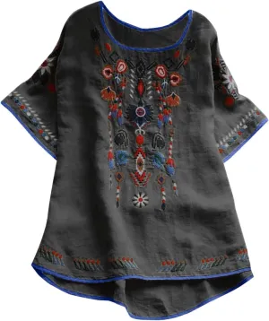 TANGNADE Womens Boho Mexican Embroidered Tops Short Sleeve Peasant Shirts Casual Loose Blouse Summer Bohemian Clothes