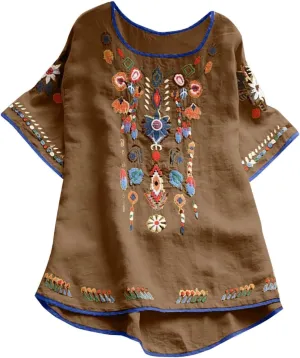 TANGNADE Womens Boho Mexican Embroidered Tops Short Sleeve Peasant Shirts Casual Loose Blouse Summer Bohemian Clothes