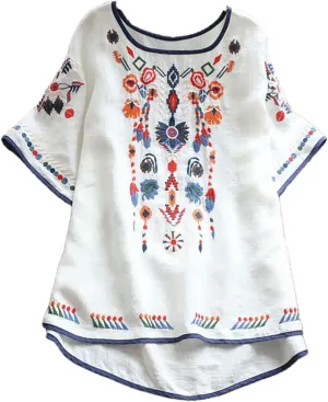 TANGNADE Womens Boho Mexican Embroidered Tops Short Sleeve Peasant Shirts Casual Loose Blouse Summer Bohemian Clothes