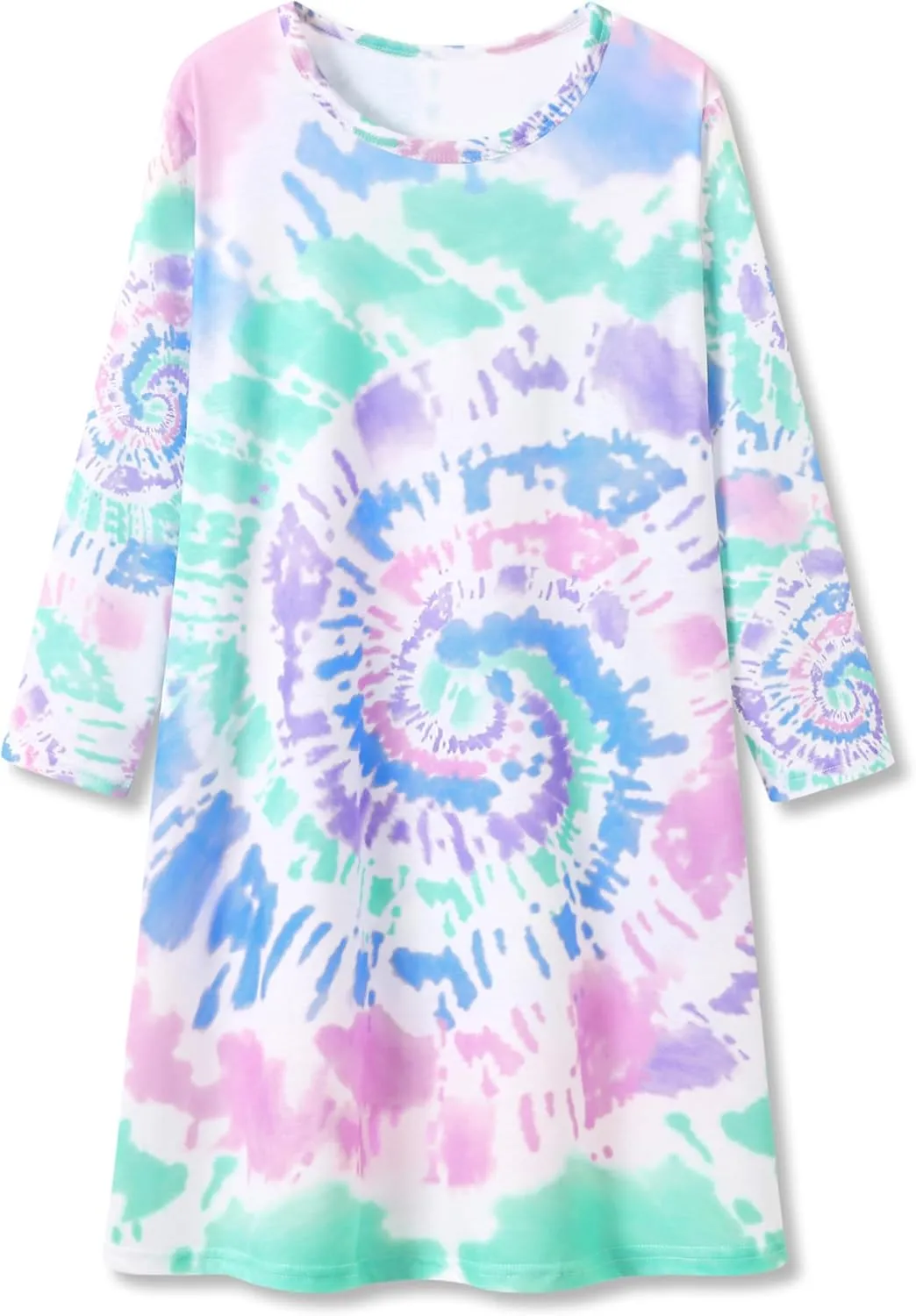 Tebbis Girls Nightgown – Soft Long Sleeves Sleepwear Trendy Tie Dye Spiral Nightdress Pajama Teen/Little Size 6-16