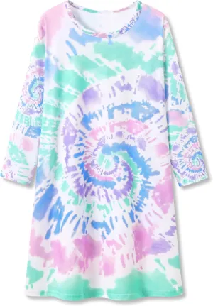 Tebbis Girls Nightgown – Soft Long Sleeves Sleepwear Trendy Tie Dye Spiral Nightdress Pajama Teen/Little Size 6-16