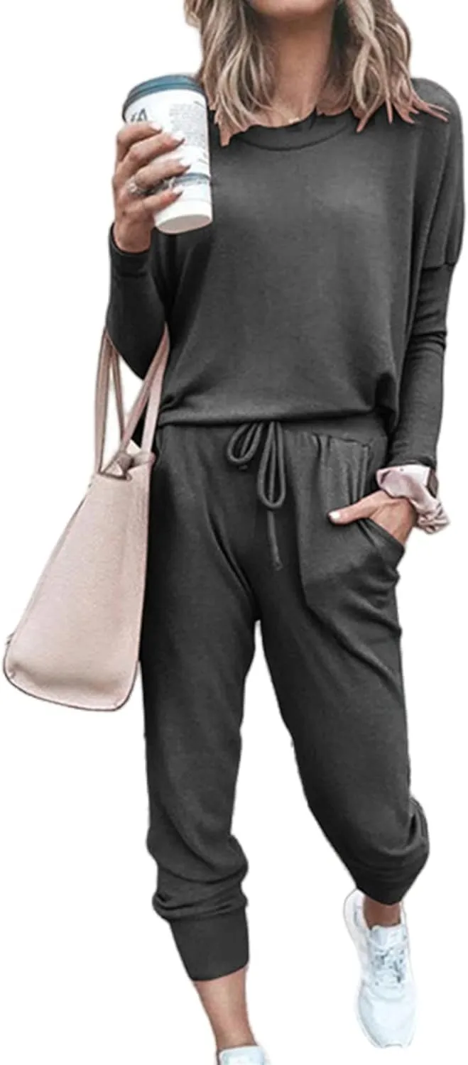 Two Piece Outfits for Women Lounge Sets Long Sleeve Pants Casual Crewneck Solid Color Pant Sets Going Out Tracksuit