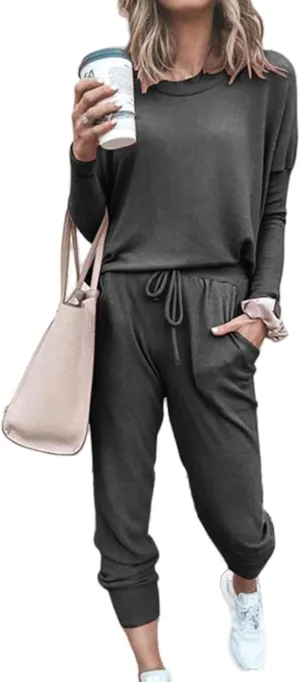 Two Piece Outfits for Women Lounge Sets Long Sleeve Pants Casual Crewneck Solid Color Pant Sets Going Out Tracksuit
