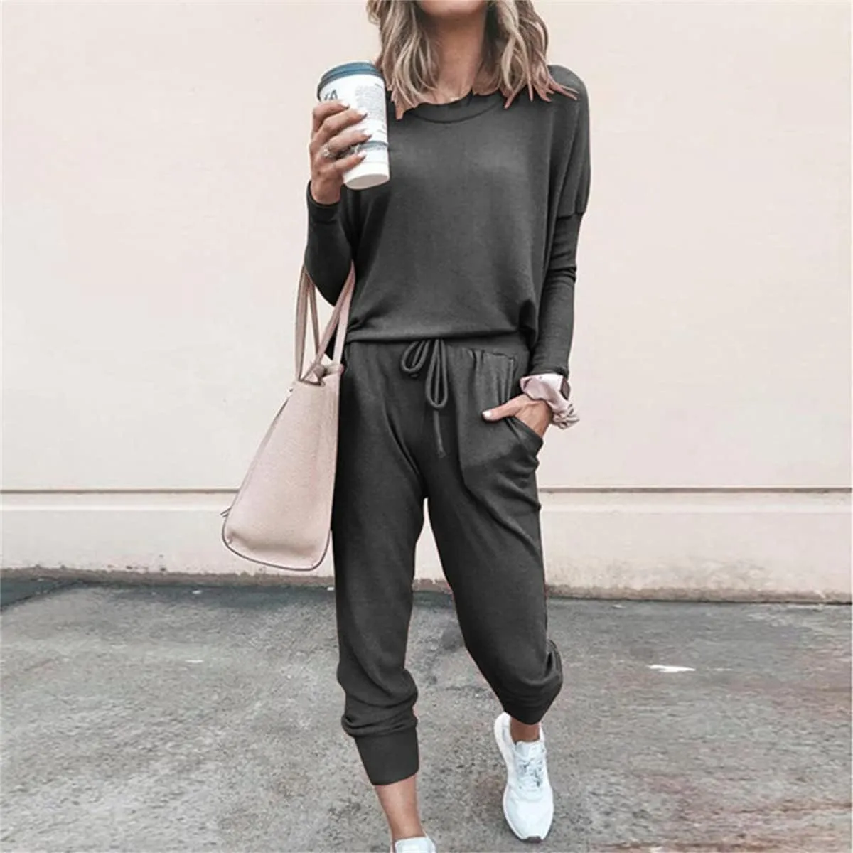 Two Piece Outfits for Women Lounge Sets Long Sleeve Pants Casual Crewneck Solid Color Pant Sets Going Out Tracksuit