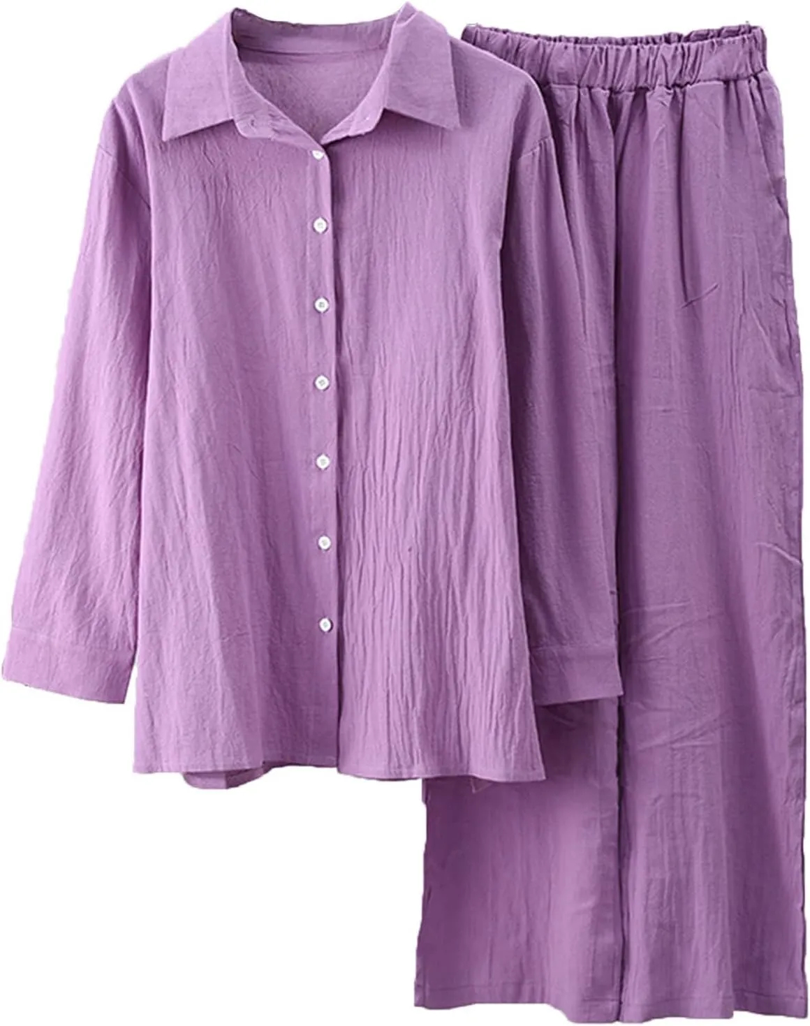 Two Piece Sets for Women Summer Casual Cotton Linen 2 Piece Outfits Long Sleeve Button Down Shirts Lounge Sets