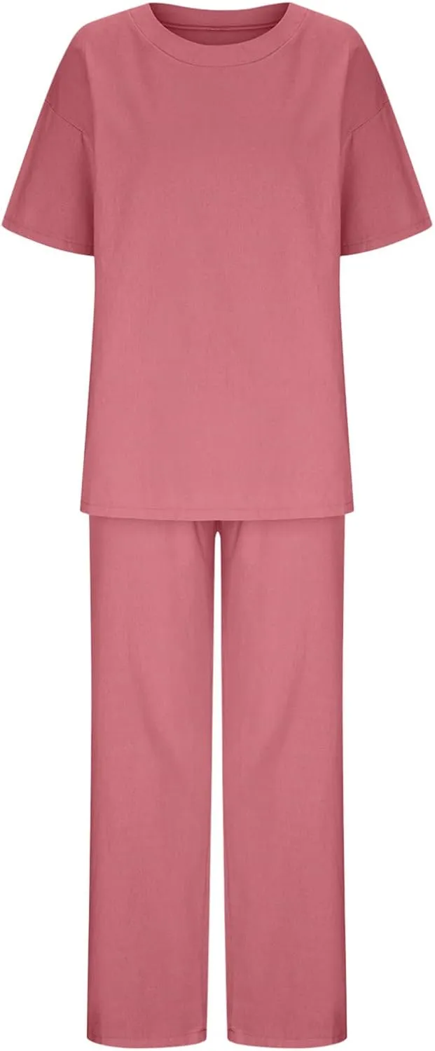 Two Piece Sets for Women Summer Linen Casual Outfit Crewneck 3/4 Sleeve Tops High Waist Wide Leg Pants with Pockets