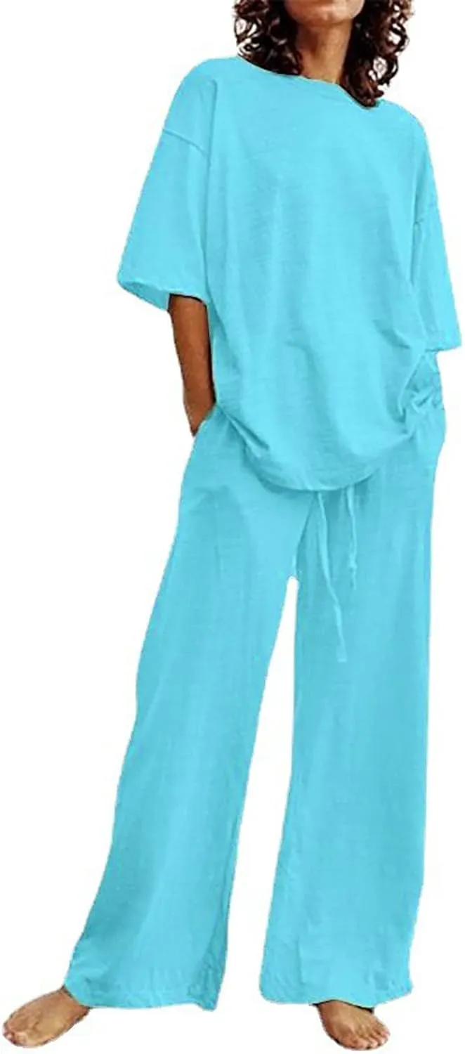 Two Piece Sets for Women Summer Linen Casual Outfit Crewneck 3/4 Sleeve Tops High Waist Wide Leg Pants with Pockets