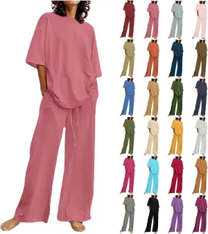 Two Piece Sets for Women Summer Linen Casual Outfit Crewneck 3/4 Sleeve Tops High Waist Wide Leg Pants with Pockets