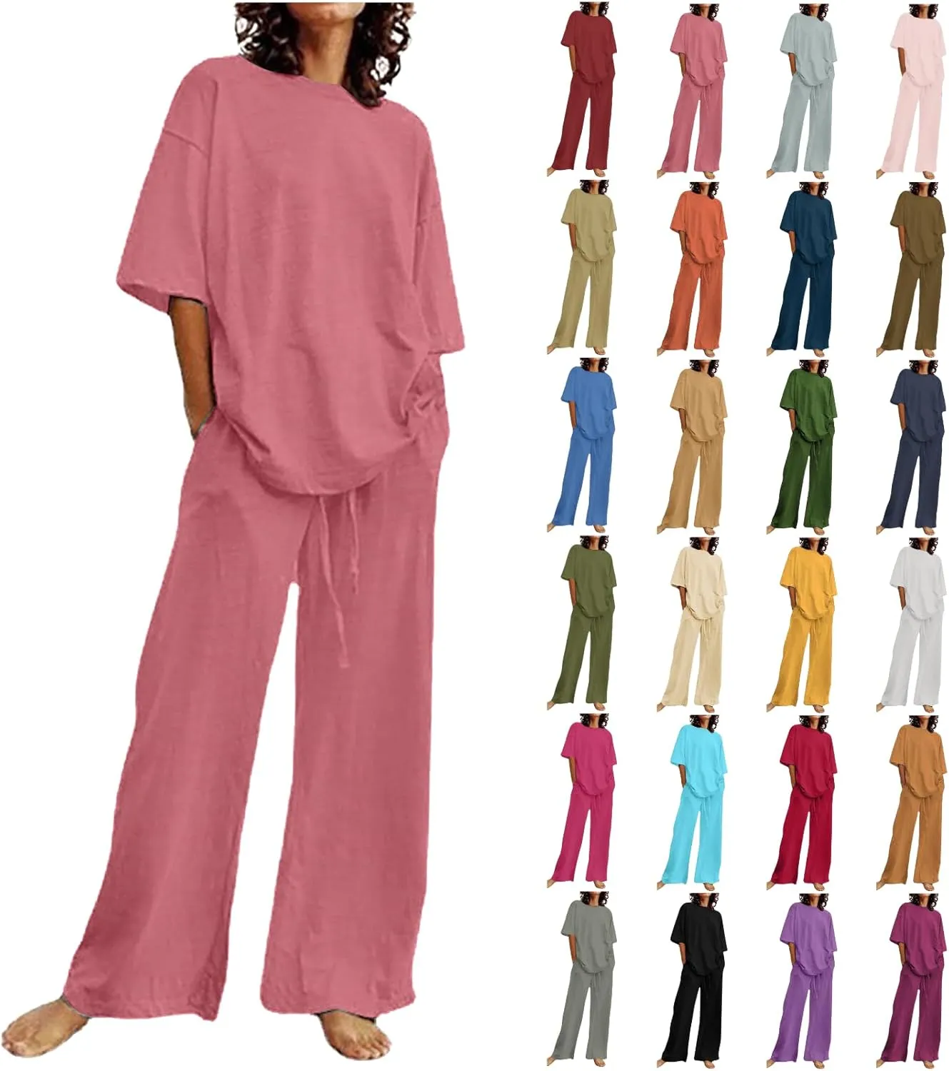 Two Piece Sets for Women Summer Linen Casual Outfit Crewneck 3/4 Sleeve Tops High Waist Wide Leg Pants with Pockets