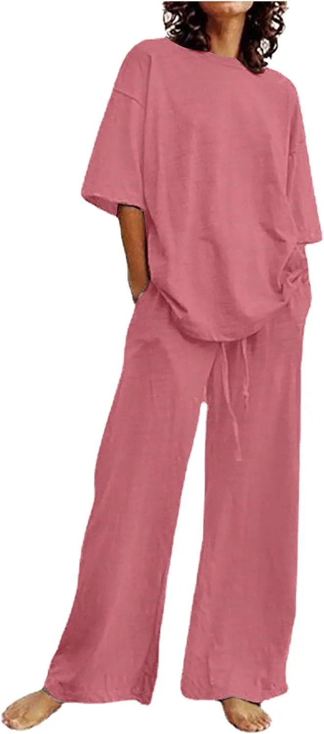 Two Piece Sets for Women Summer Linen Casual Outfit Crewneck 3/4 Sleeve Tops High Waist Wide Leg Pants with Pockets