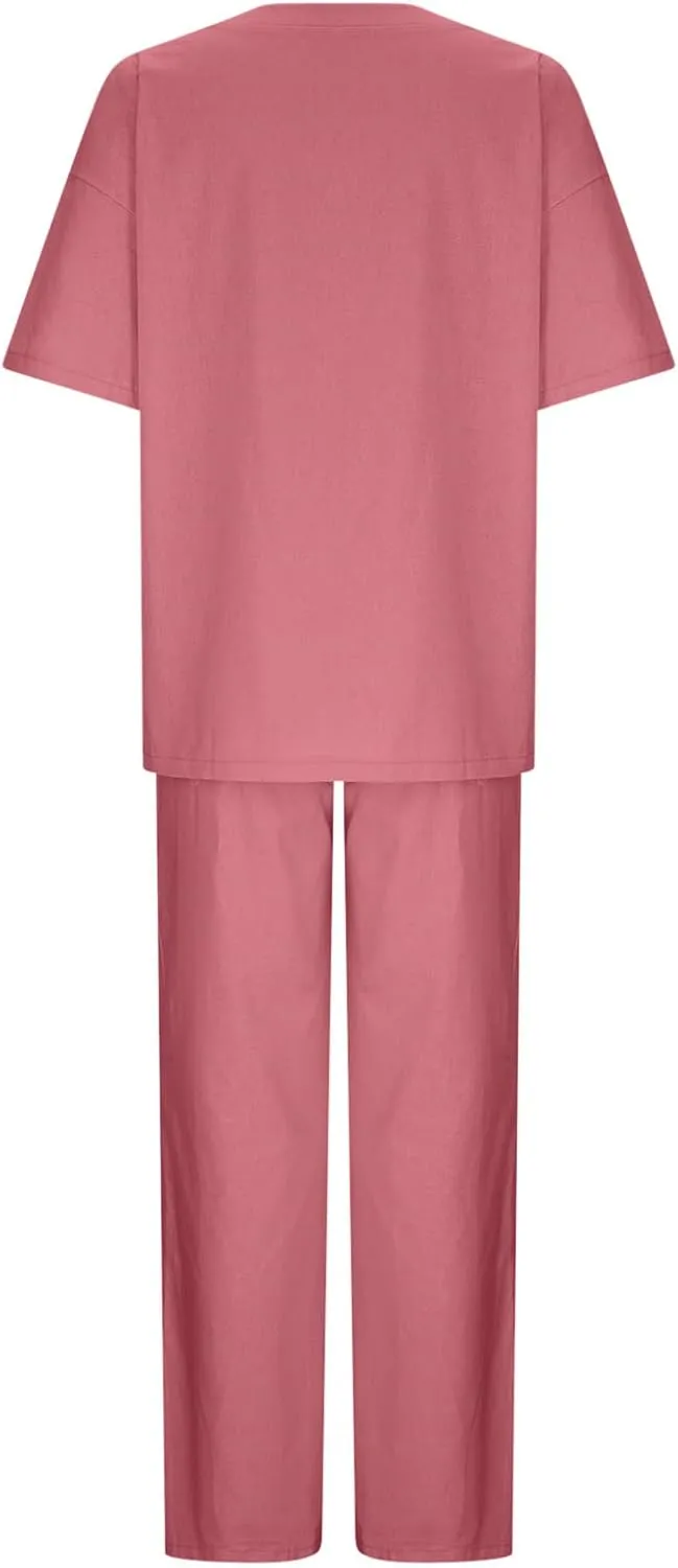 Two Piece Sets for Women Summer Linen Casual Outfit Crewneck 3/4 Sleeve Tops High Waist Wide Leg Pants with Pockets