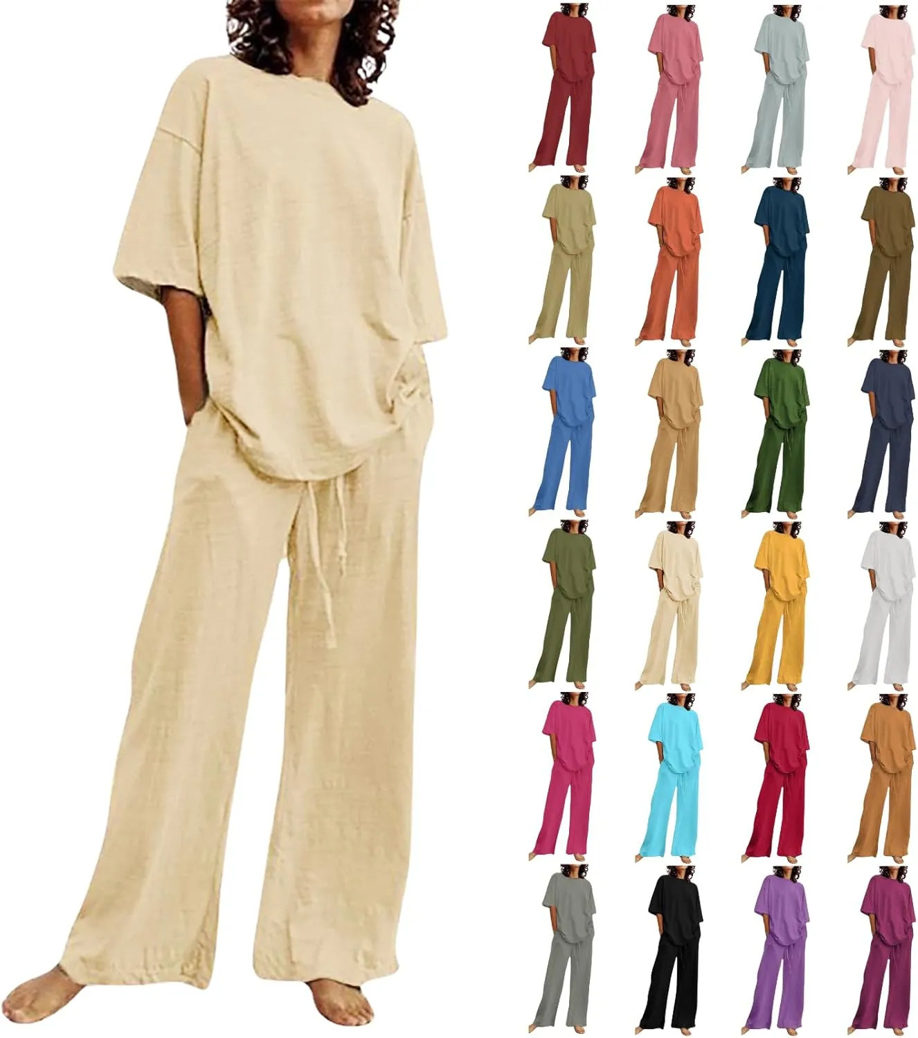 Two Piece Sets for Women Summer Linen Casual Outfit Crewneck 3/4 Sleeve Tops High Waist Wide Leg Pants with Pockets