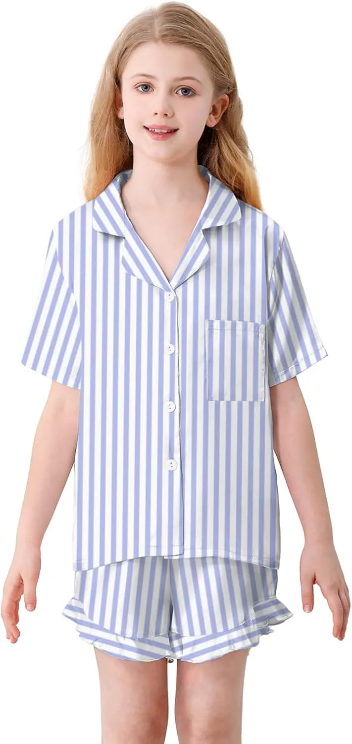Umeyda Girls & Women Satin Pajamas Set Button Down 2 Piece Silk Pjs Shorts Set Ruffle Sleepwear, 5 Years-Women L