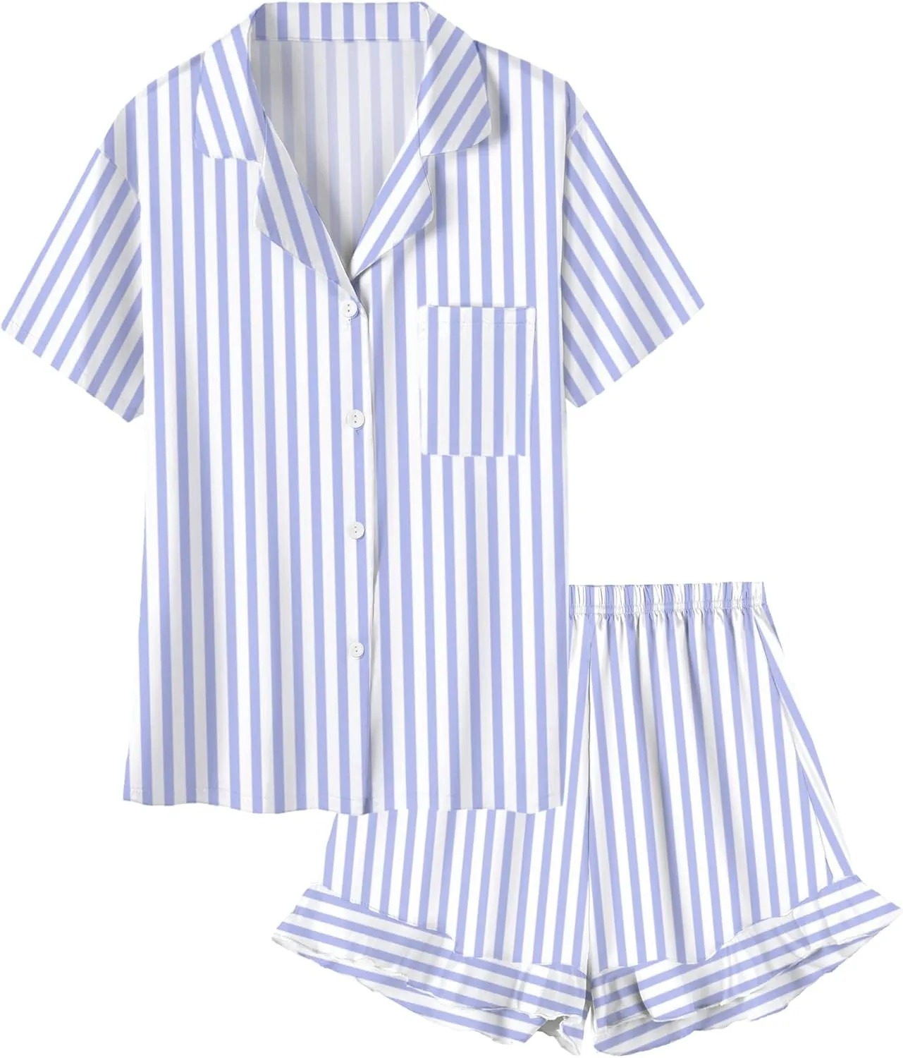 Umeyda Girls & Women Satin Pajamas Set Button Down 2 Piece Silk Pjs Shorts Set Ruffle Sleepwear, 5 Years-Women L