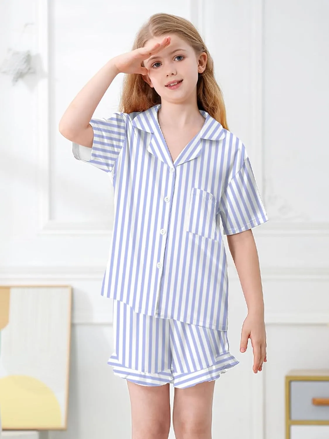 Umeyda Girls & Women Satin Pajamas Set Button Down 2 Piece Silk Pjs Shorts Set Ruffle Sleepwear, 5 Years-Women L