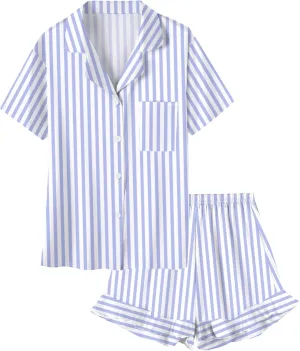 Umeyda Girls & Women Satin Pajamas Set Button Down 2 Piece Silk Pjs Shorts Set Ruffle Sleepwear, 5 Years-Women L