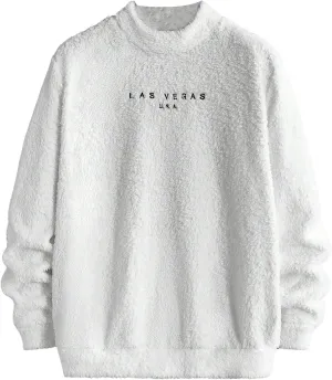 Verdusa Men's Letter Embroidery Teddy Sweatshirt Mock Neck Long Sleeve Fuzzy Fleece Pullovers