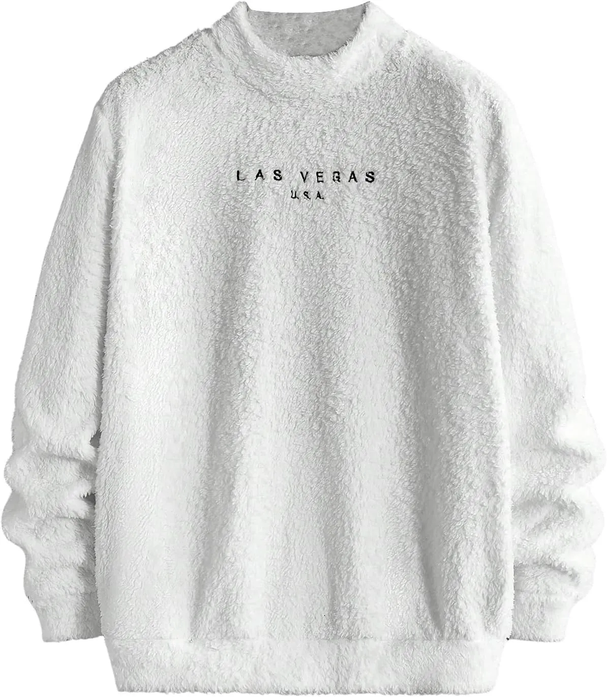Verdusa Men's Letter Embroidery Teddy Sweatshirt Mock Neck Long Sleeve Fuzzy Fleece Pullovers