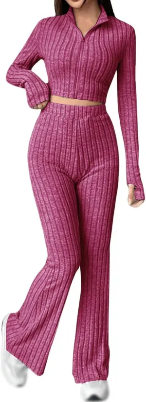 Wankang Womens Two Piece Outfits Casual Sweaters Knitted Sweatsuits Sets Zip Up V Neck Long Sleeve Tracksuit Lounge Suits