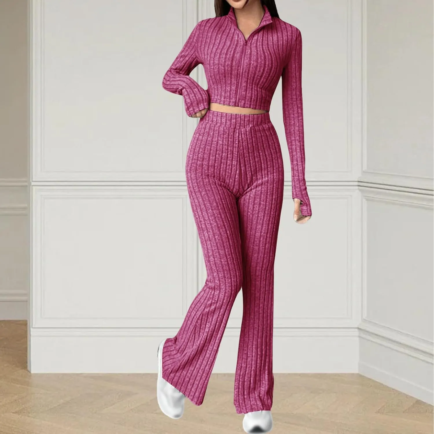 Wankang Womens Two Piece Outfits Casual Sweaters Knitted Sweatsuits Sets Zip Up V Neck Long Sleeve Tracksuit Lounge Suits