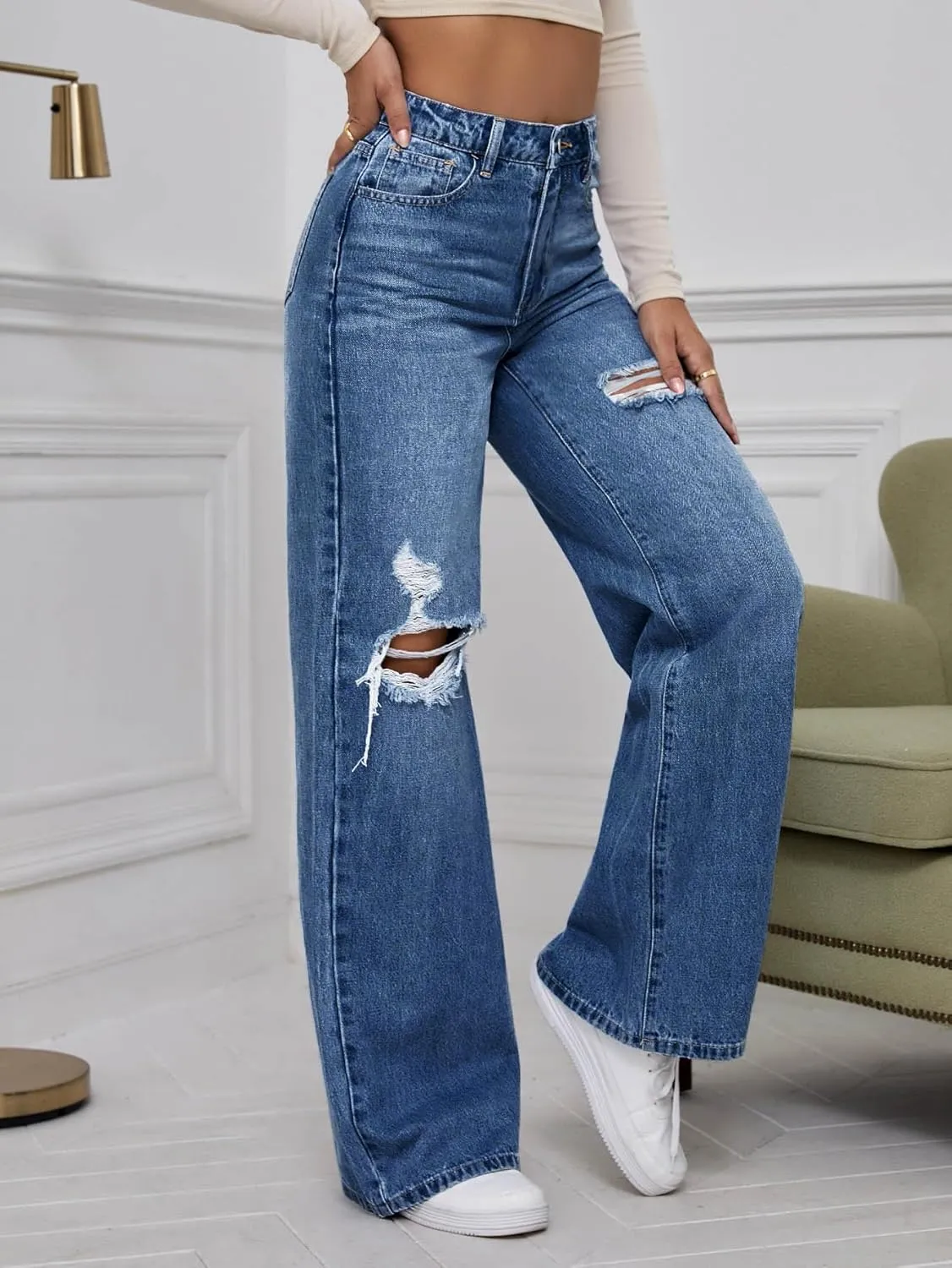 WDIRARA Women's High Waist Ripped Wide Leg Baggy Jeans Distressed Denim Pants