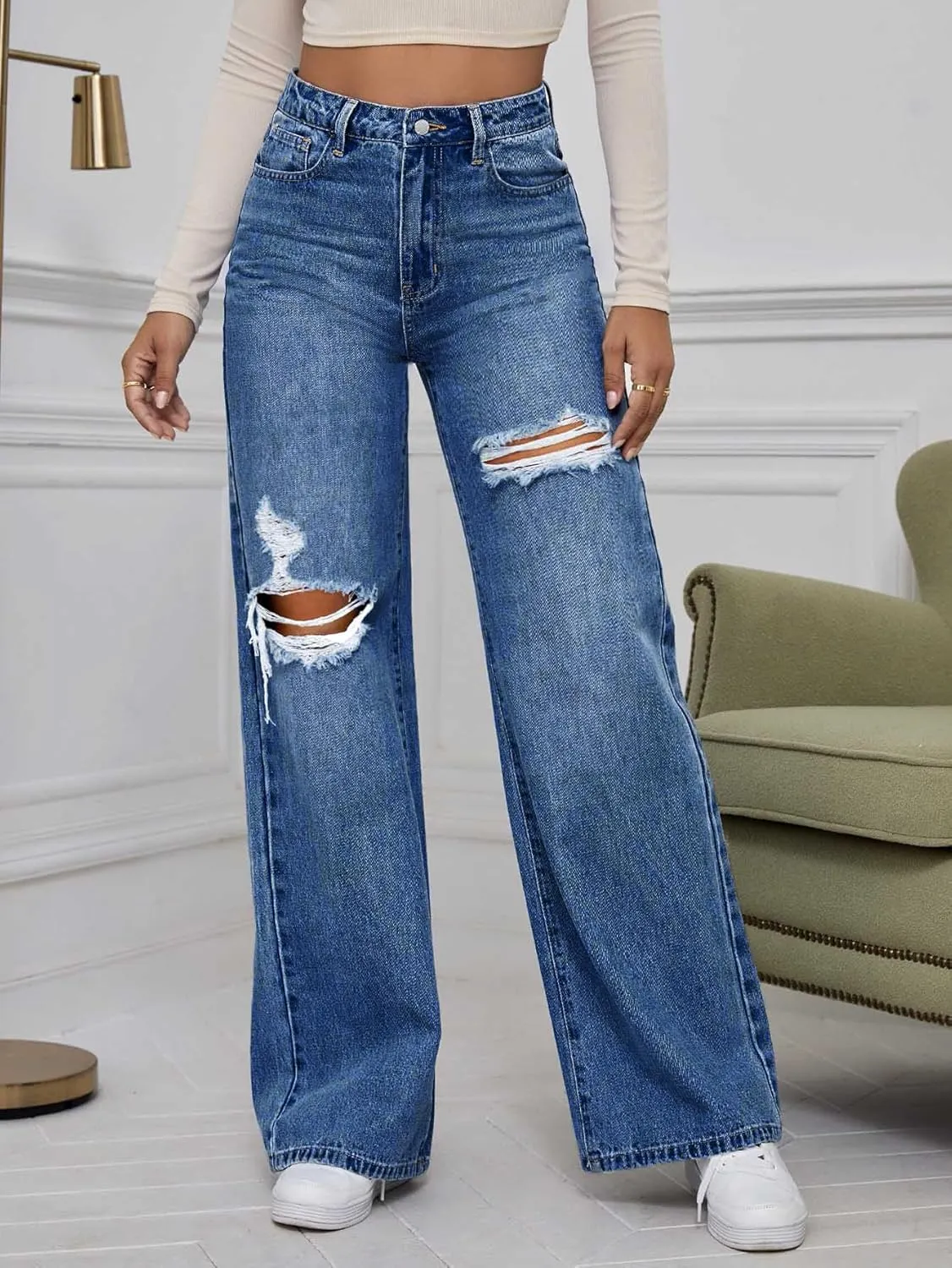 WDIRARA Women's High Waist Ripped Wide Leg Baggy Jeans Distressed Denim Pants