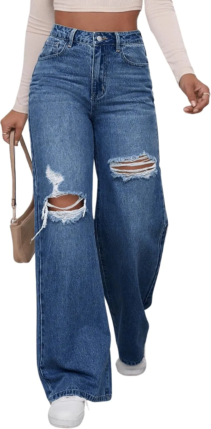 WDIRARA Women's High Waist Ripped Wide Leg Baggy Jeans Distressed Denim Pants