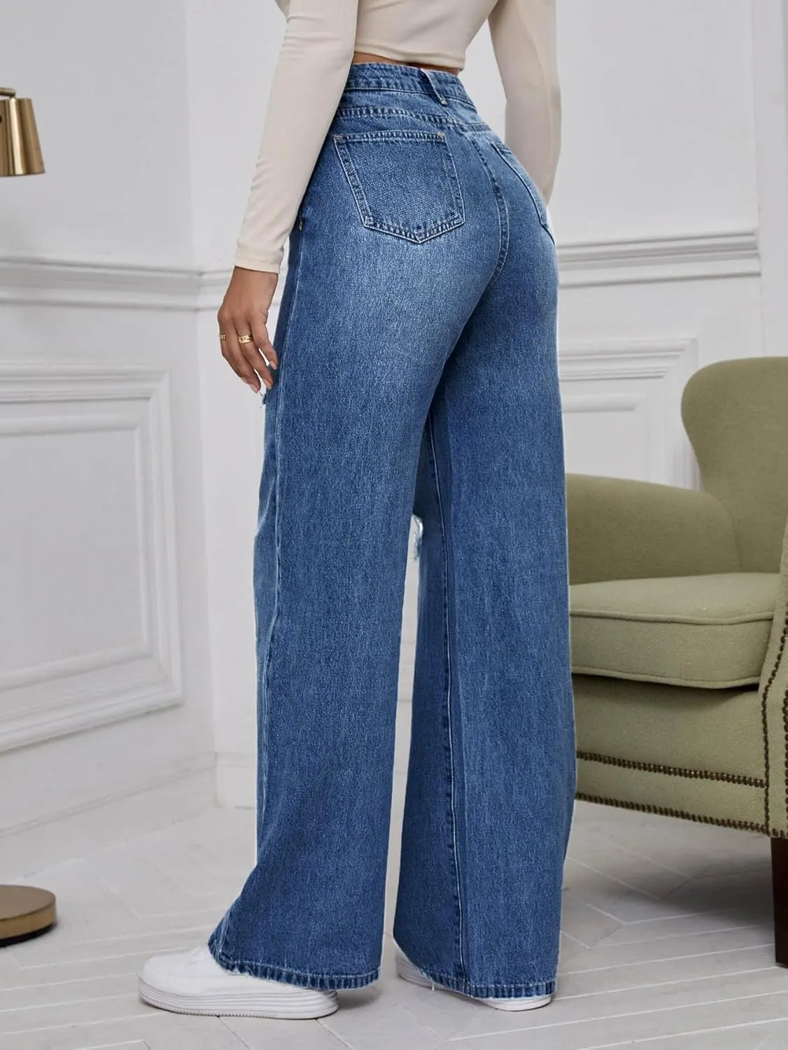 WDIRARA Women's High Waist Ripped Wide Leg Baggy Jeans Distressed Denim Pants