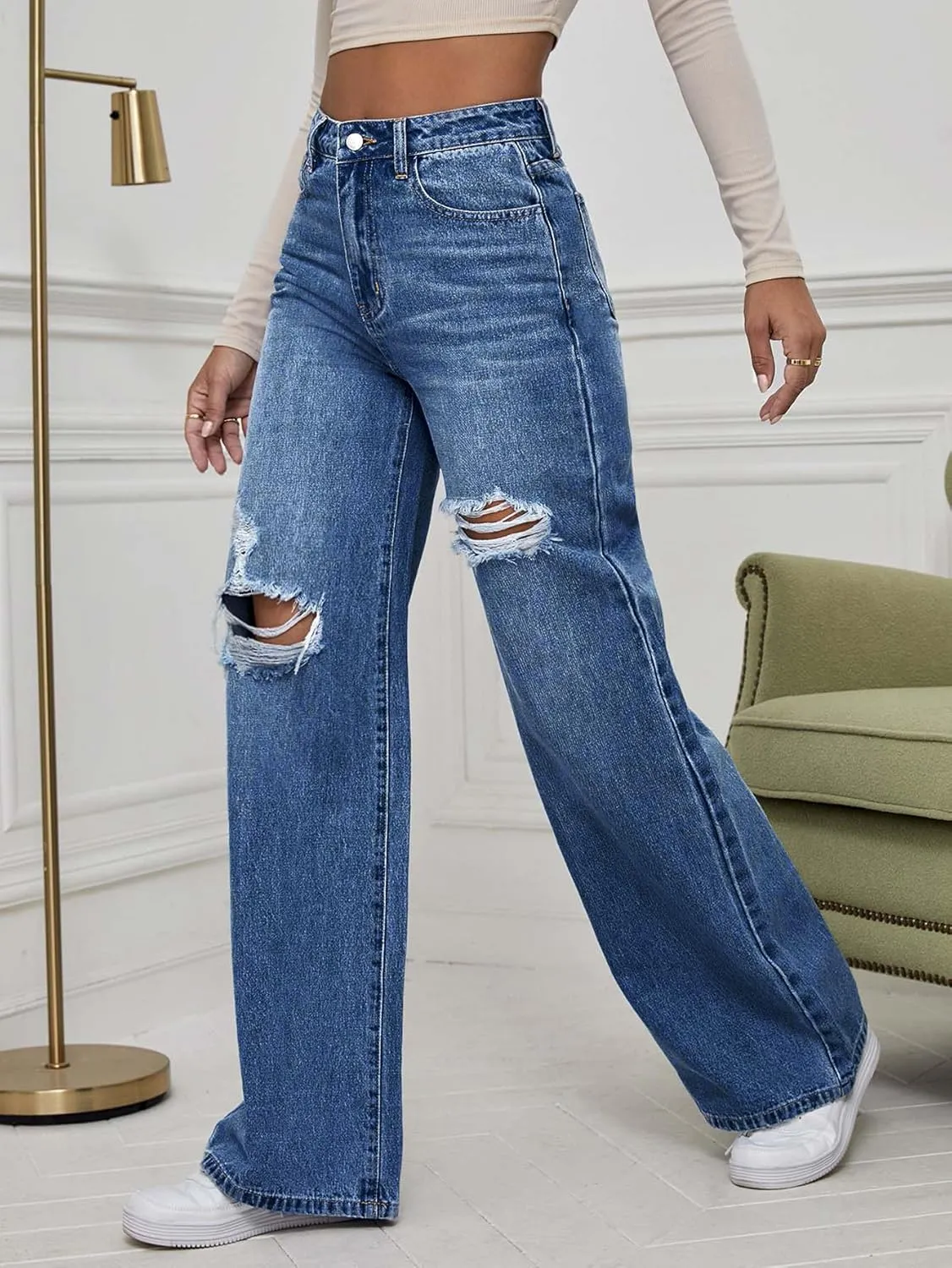 WDIRARA Women's High Waist Ripped Wide Leg Baggy Jeans Distressed Denim Pants