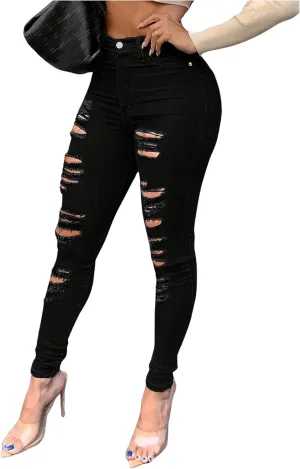 WDIRARA Women's High Waisted Ripped Skinny Jeans Stretch Distressed Denim Pants