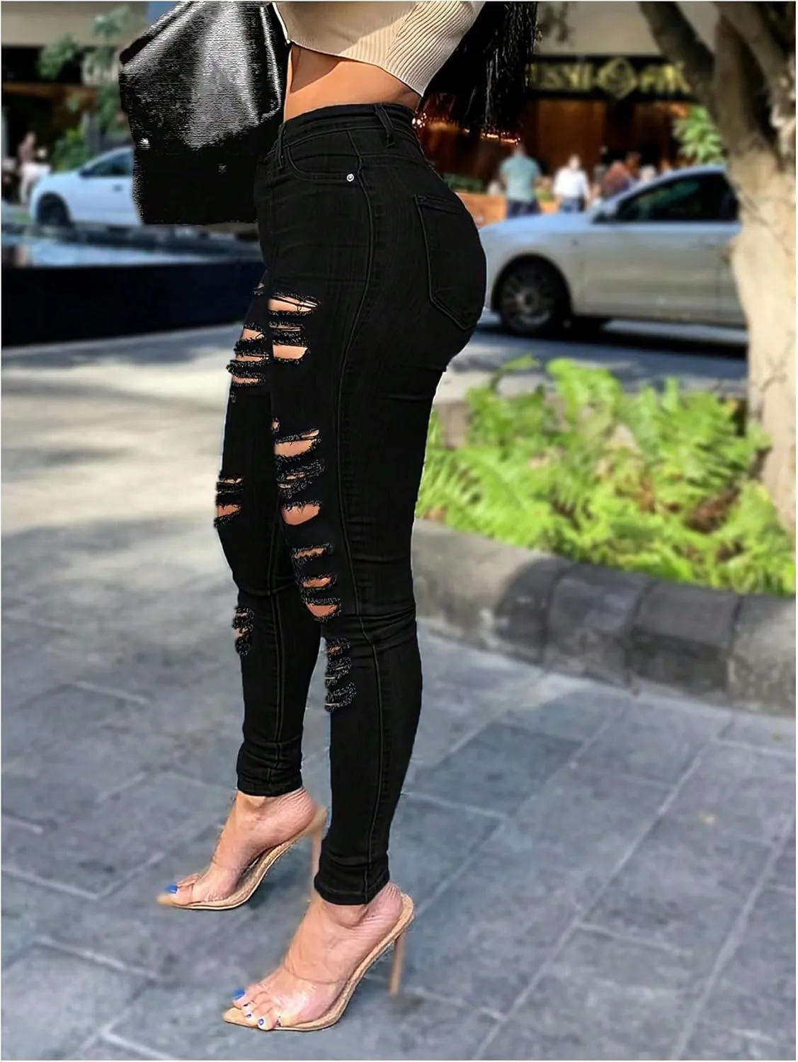 WDIRARA Women's High Waisted Ripped Skinny Jeans Stretch Distressed Denim Pants