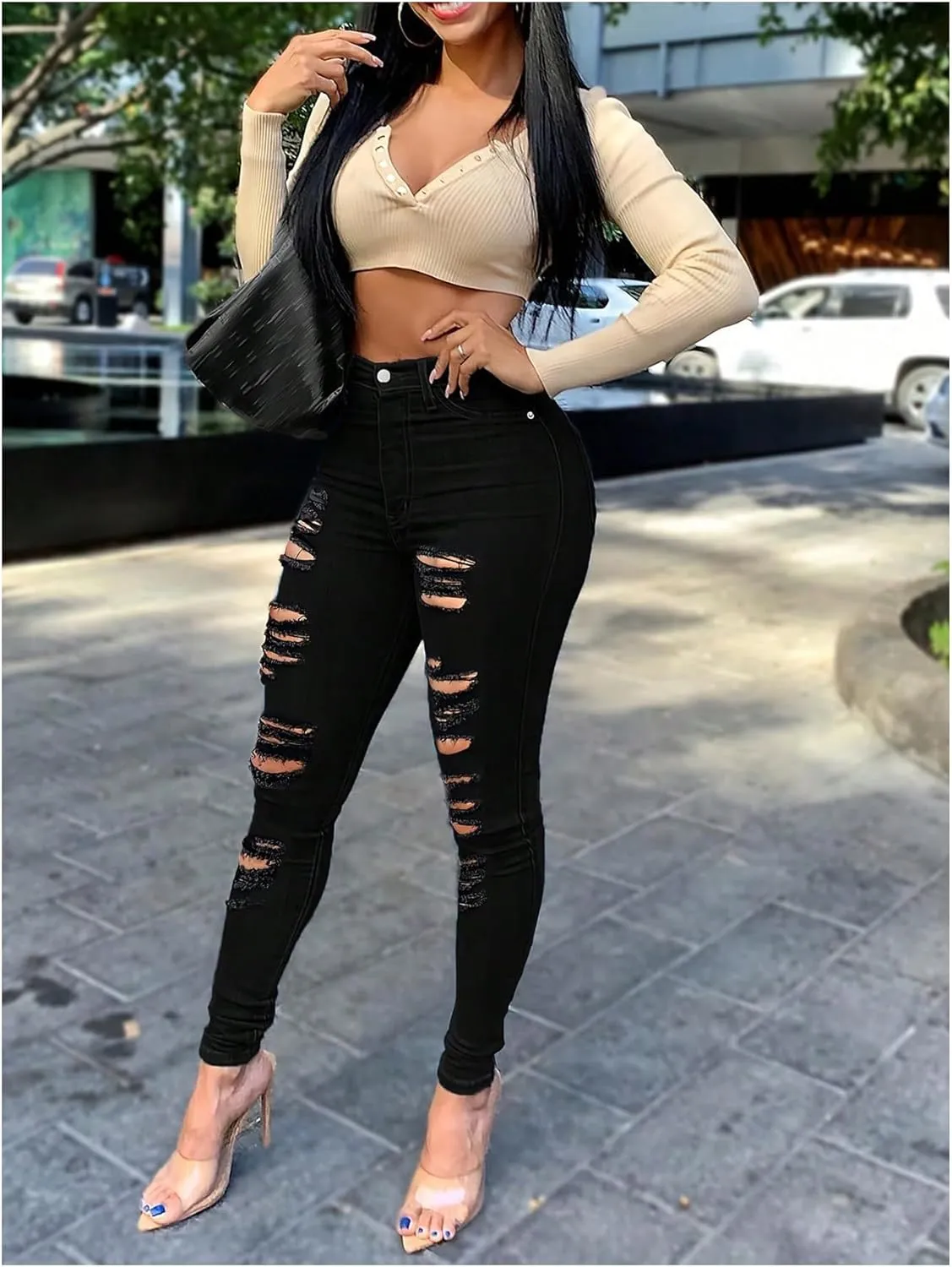WDIRARA Women's High Waisted Ripped Skinny Jeans Stretch Distressed Denim Pants