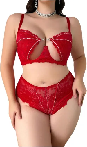WDIRARA Women's Plus Size 2 Piece Panty Sets Sexy Lace Glitter Sequin Cut Out Underwire Lingerie Set