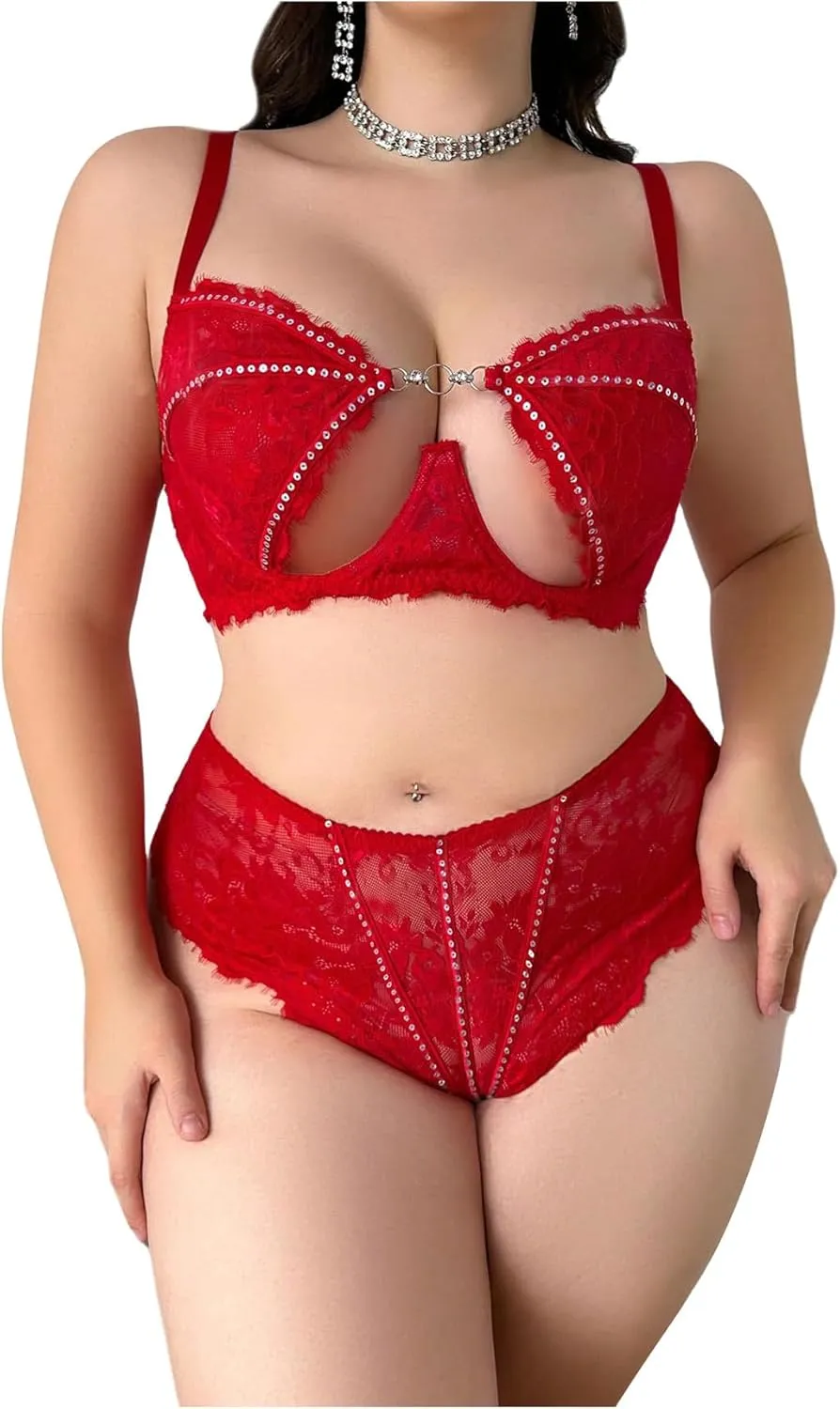 WDIRARA Women's Plus Size 2 Piece Panty Sets Sexy Lace Glitter Sequin Cut Out Underwire Lingerie Set