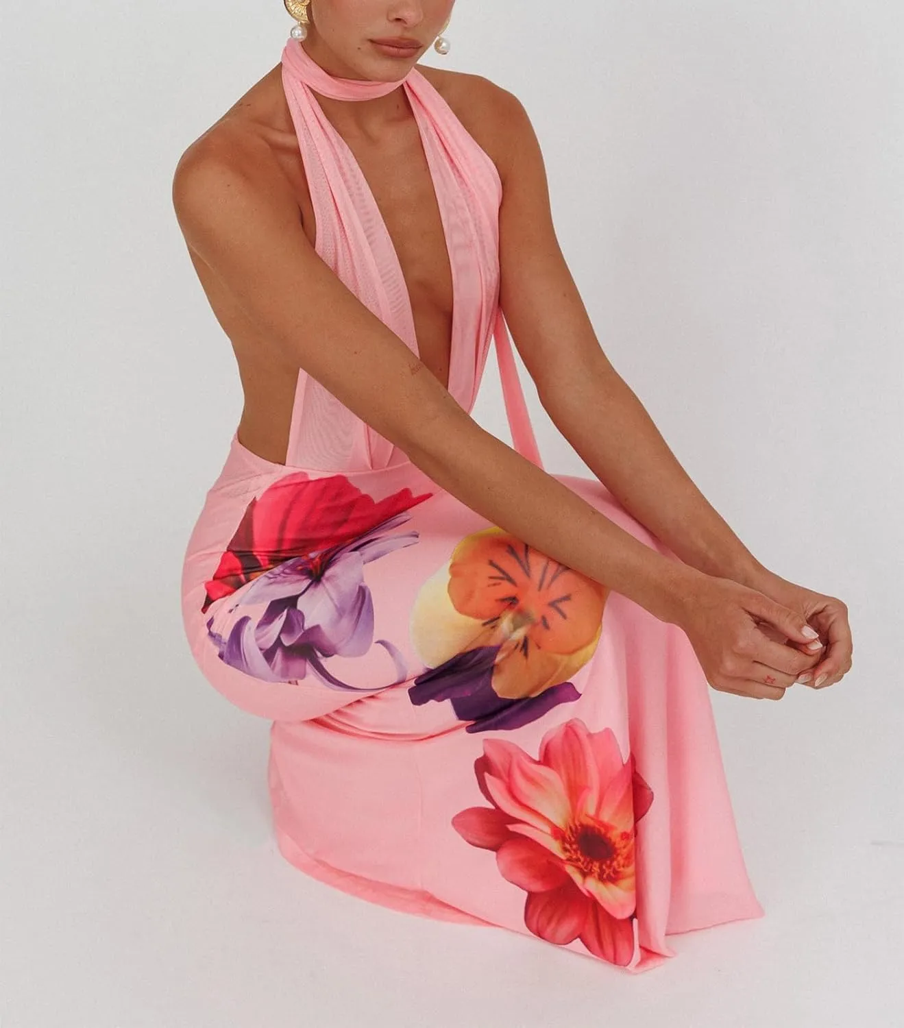 Women Boho Floral Backless Maxi Dress Y2K Spaghetti Strap Sleeveless Bodycon Long Dress Sexy Going Out Sundress