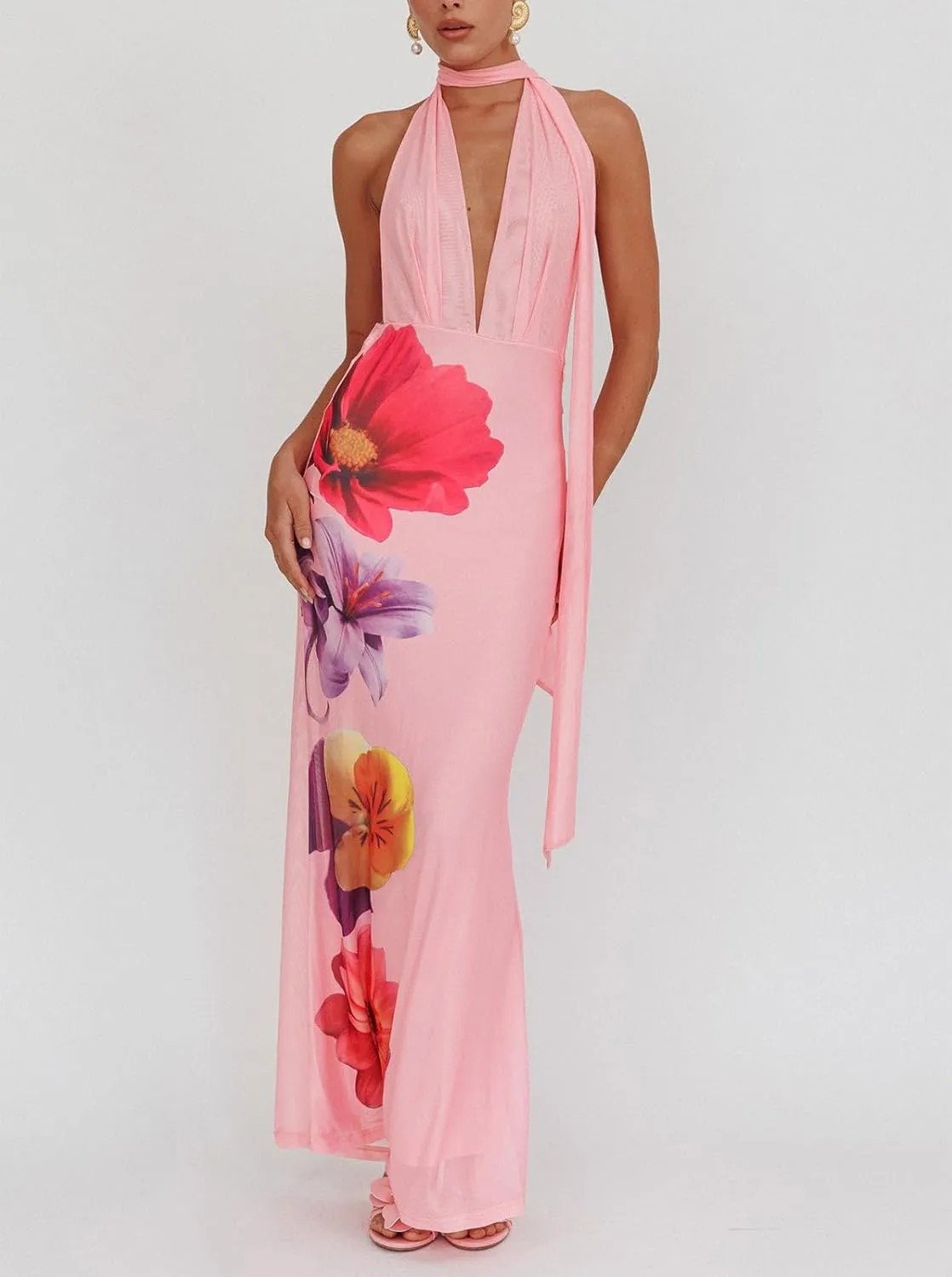 Women Boho Floral Backless Maxi Dress Y2K Spaghetti Strap Sleeveless Bodycon Long Dress Sexy Going Out Sundress
