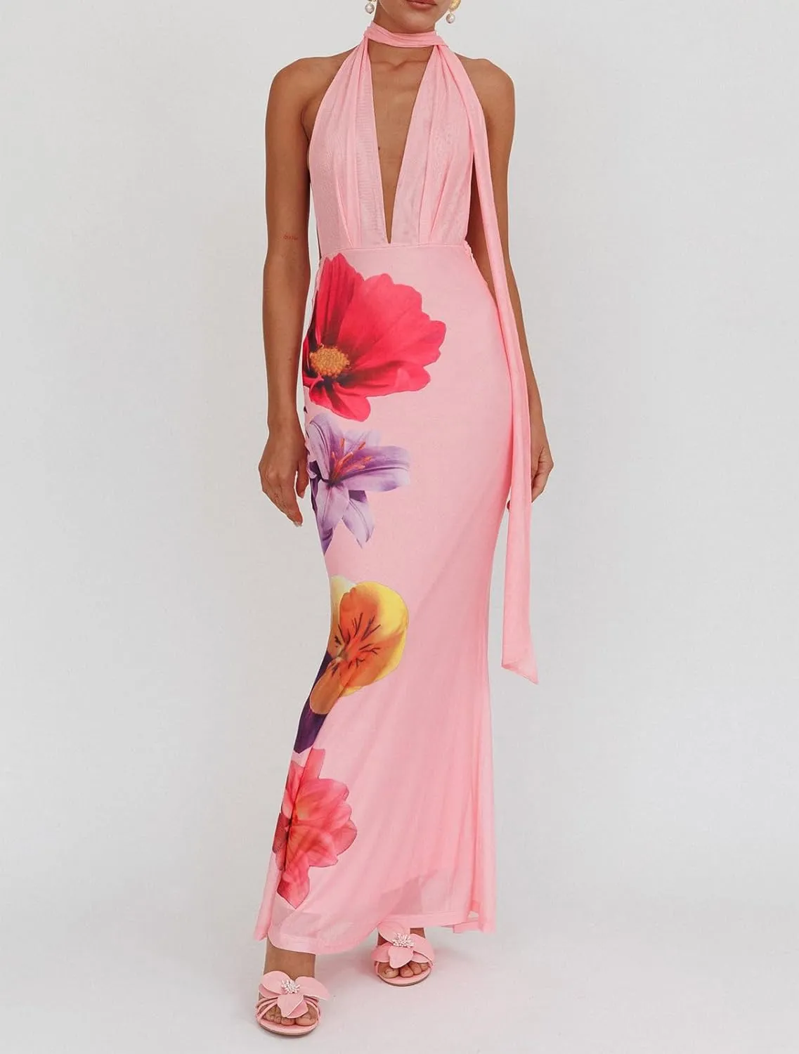 Women Boho Floral Backless Maxi Dress Y2K Spaghetti Strap Sleeveless Bodycon Long Dress Sexy Going Out Sundress