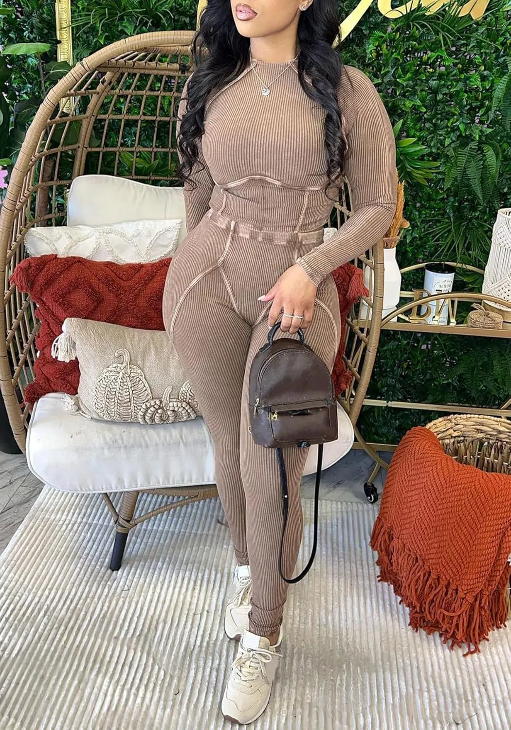Women Casual Workout 2 Piece Sets Ribbed Elastic Long Sleeve Crop Top High Waisted Leggings Lounge Gym Outfits
