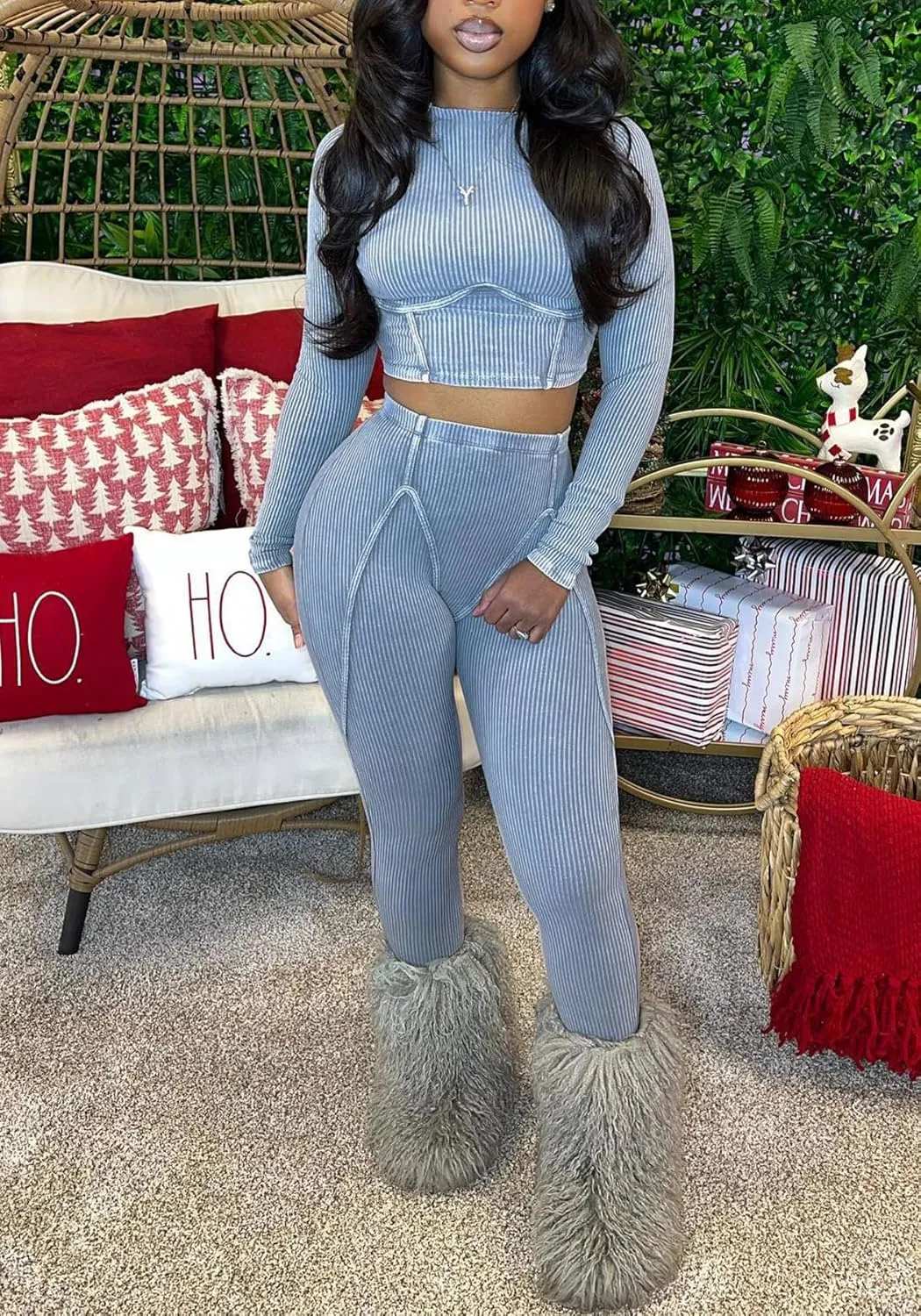 Women Casual Workout 2 Piece Sets Ribbed Elastic Long Sleeve Crop Top High Waisted Leggings Lounge Gym Outfits