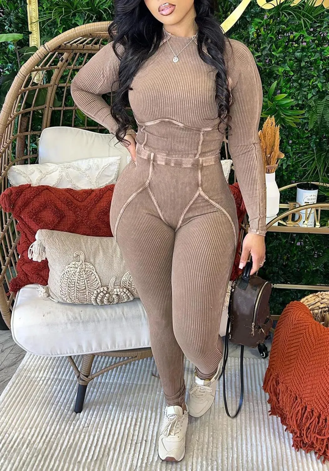 Women Casual Workout 2 Piece Sets Ribbed Elastic Long Sleeve Crop Top High Waisted Leggings Lounge Gym Outfits