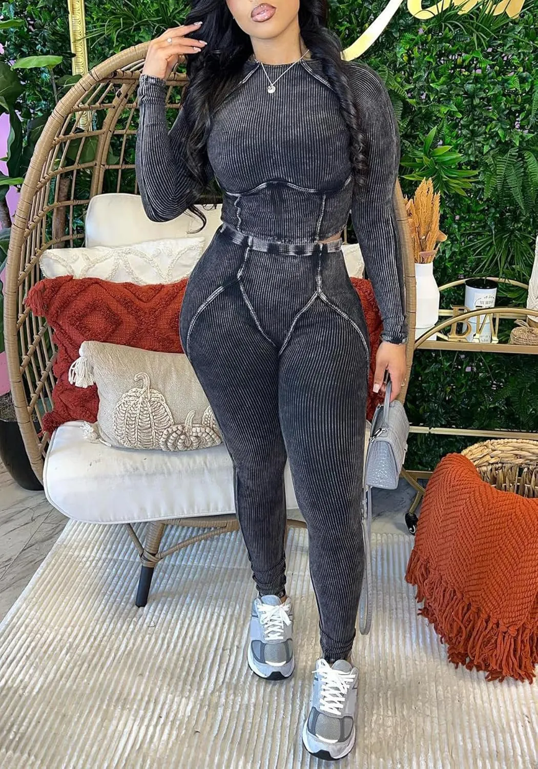 Women Casual Workout 2 Piece Sets Ribbed Elastic Long Sleeve Crop Top High Waisted Leggings Lounge Gym Outfits