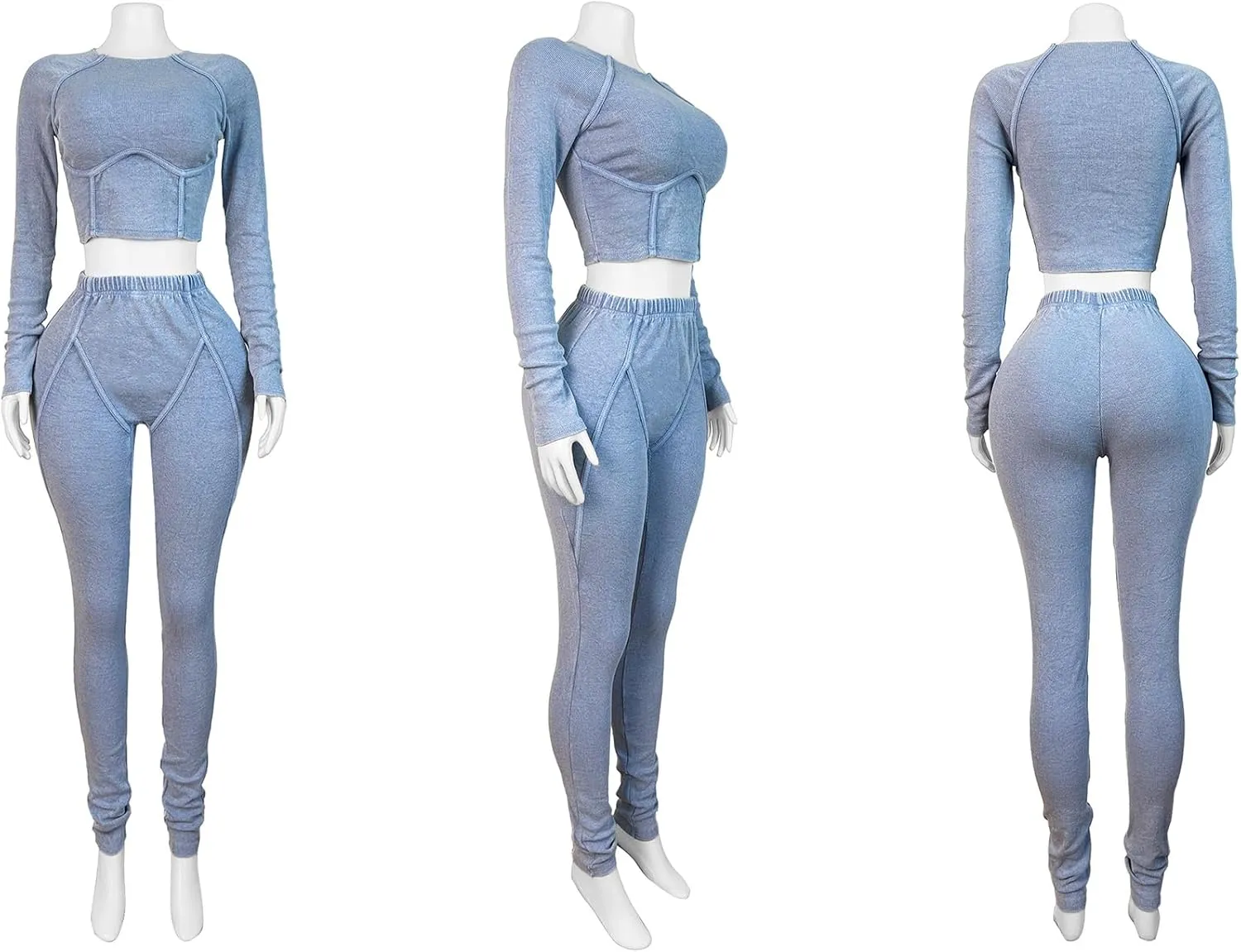 Women Casual Workout 2 Piece Sets Ribbed Elastic Long Sleeve Crop Top High Waisted Leggings Lounge Gym Outfits
