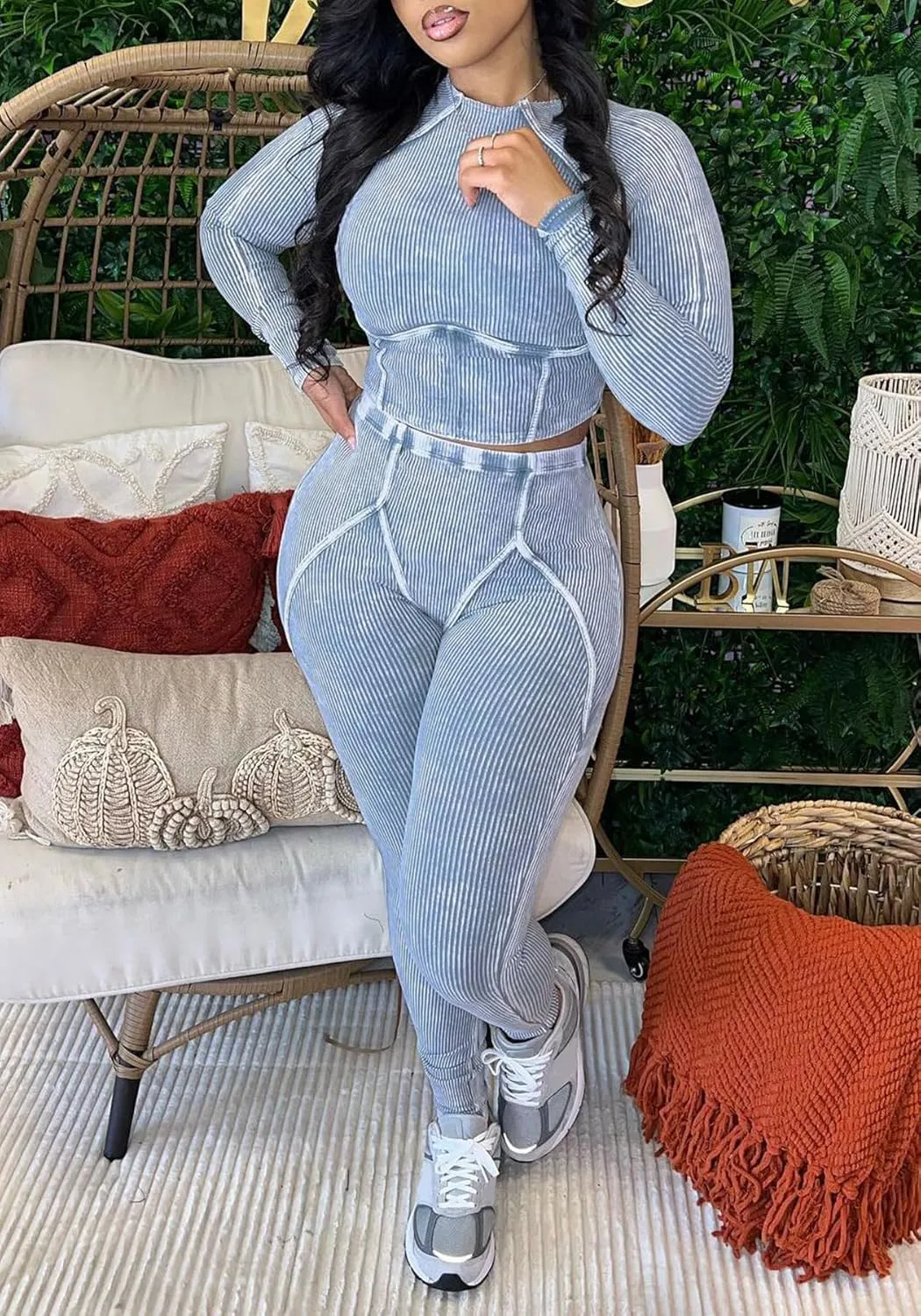 Women Casual Workout 2 Piece Sets Ribbed Elastic Long Sleeve Crop Top High Waisted Leggings Lounge Gym Outfits