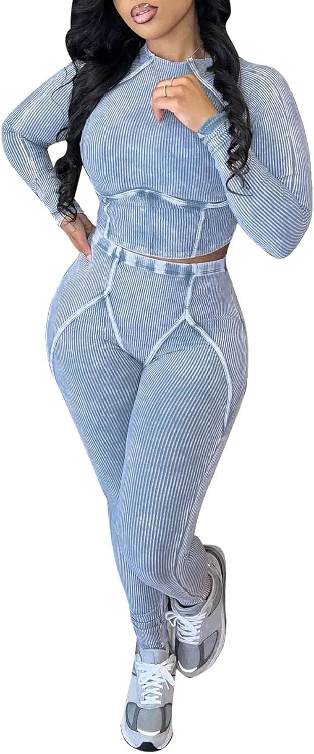 Women Casual Workout 2 Piece Sets Ribbed Elastic Long Sleeve Crop Top High Waisted Leggings Lounge Gym Outfits