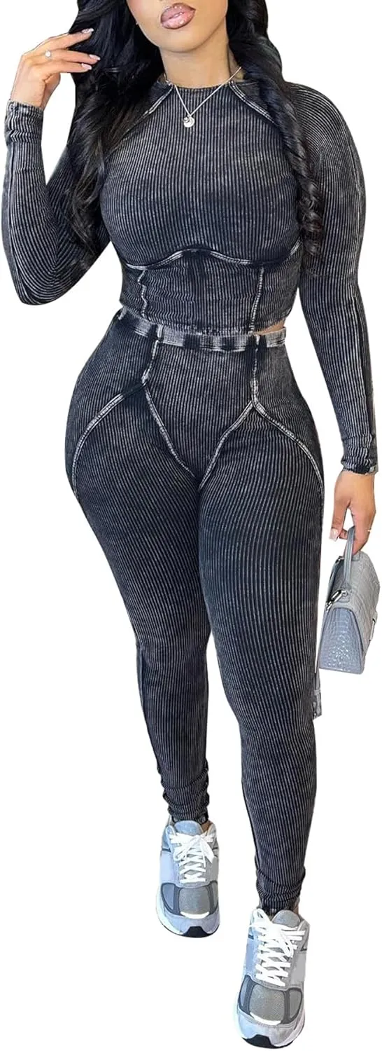 Women Casual Workout 2 Piece Sets Ribbed Elastic Long Sleeve Crop Top High Waisted Leggings Lounge Gym Outfits