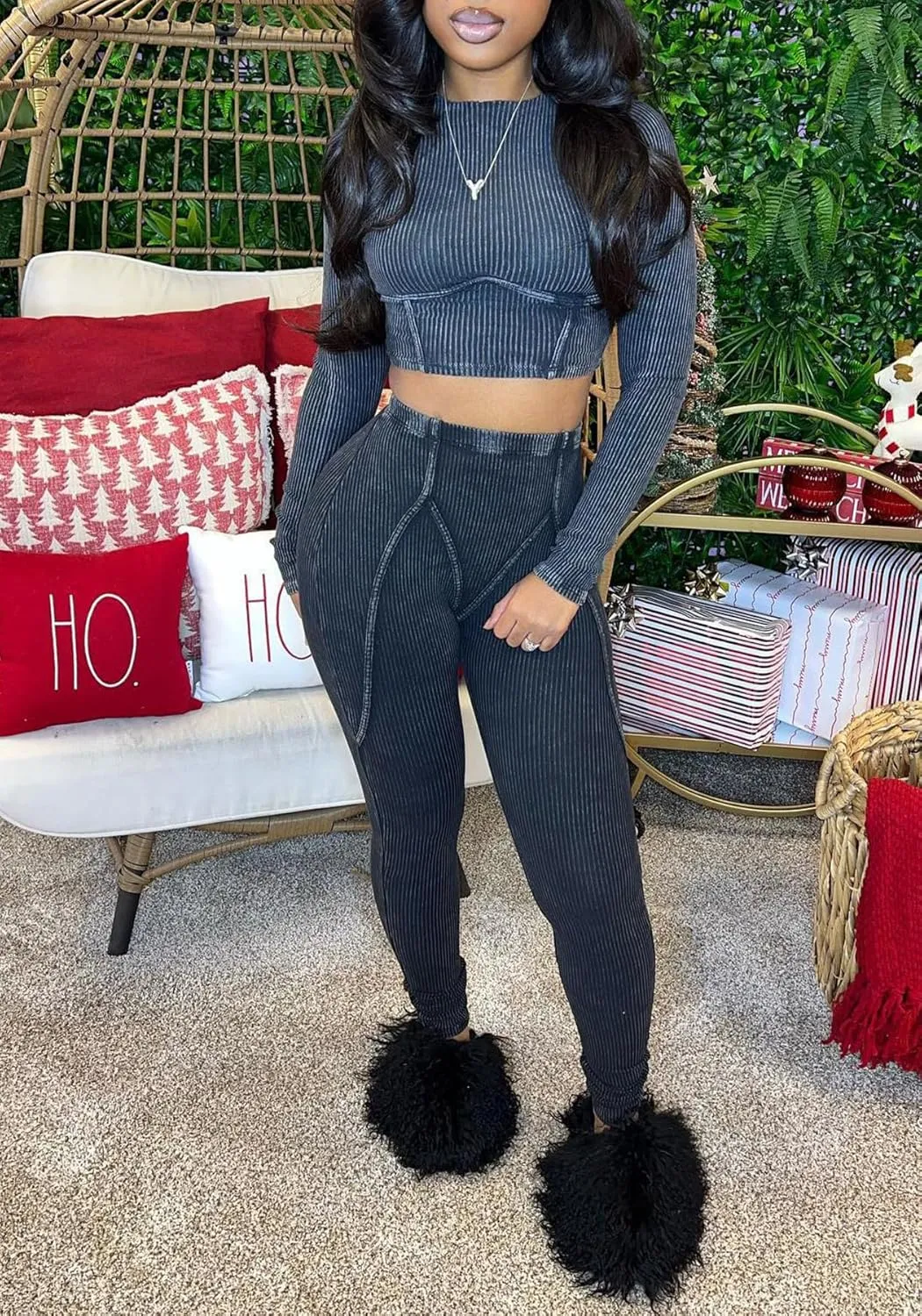 Women Casual Workout 2 Piece Sets Ribbed Elastic Long Sleeve Crop Top High Waisted Leggings Lounge Gym Outfits