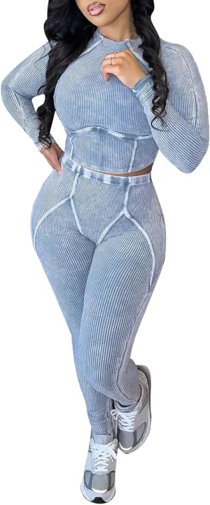 Women Casual Workout 2 Piece Sets Ribbed Elastic Long Sleeve Crop Top High Waisted Leggings Lounge Gym Outfits