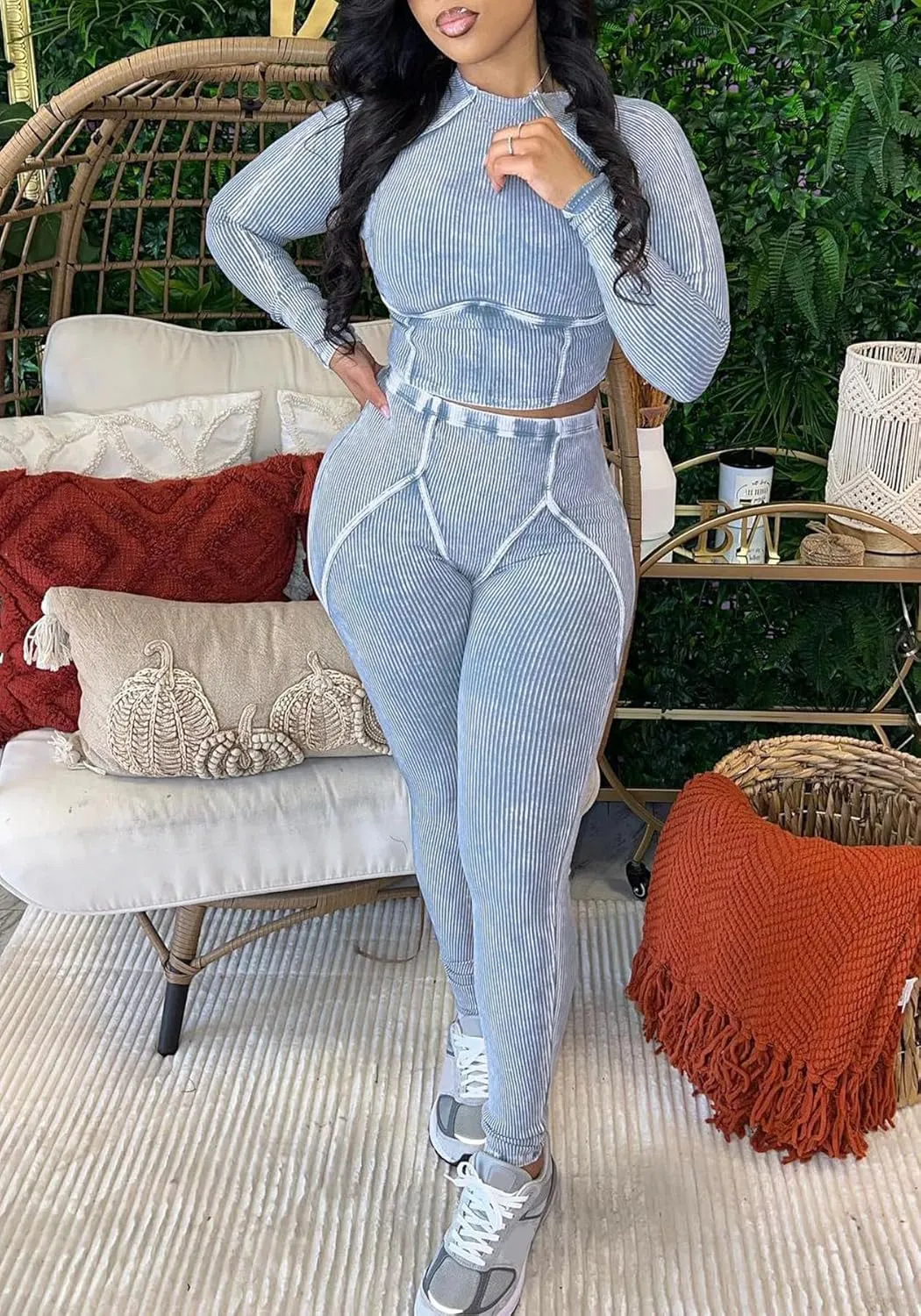 Women Casual Workout 2 Piece Sets Ribbed Elastic Long Sleeve Crop Top High Waisted Leggings Lounge Gym Outfits